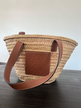 Loewe Natural Straw Basket Bag with Tan Leather Trim
